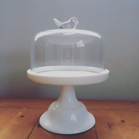 Cake Stand White & Glass Dome Lid with Bird