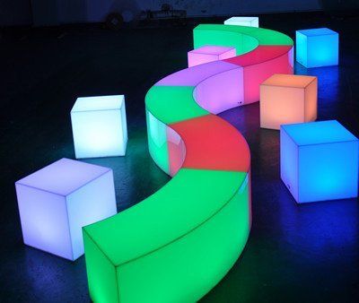 LED modular snake seat, 1.2m x 43cm x 43cm waterproof, rechargeable, remote operated in various colours hire price $85 each incl gst
