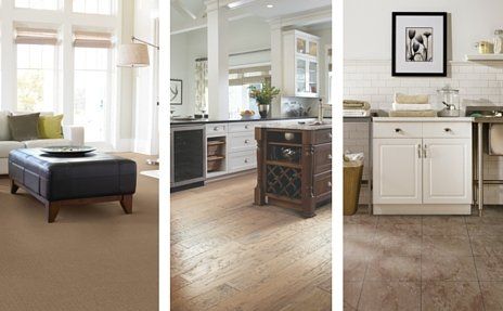 Bright living room and kitchen interiors with white cabinets, wood floors, and a dark tufted bench