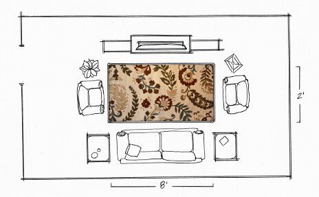 Top-down living room layout with sofa, chairs, rug, coffee table, and TV against a wall.
