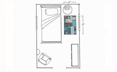 Floor plan of a small bedroom with a bed, chair, desk, and rug area.