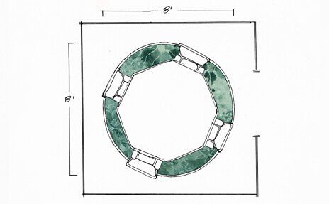 Top-down sketch of a green wreath-like ring with white segments, shown inside an 8-inch square with measurements.