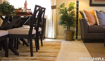 Dining room with dark wood table and chairs beside a gray sofa, plants, and a striped rug