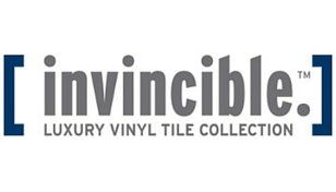 Invincible luxury vinyl tile collection logo with blue brackets and gray text