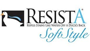 Resista SoftStyle logo with duck icon and tagline “Repels stains like water off a duck’s back”