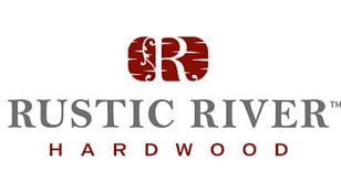 Rustic River Hardwood logo in red and gray on a white background