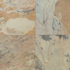 Close-up of beige, tan, and gray marble tile with subtle veining and a four-panel grid pattern