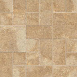 Tan and beige stone tile floor with a subtle rectangular pattern
