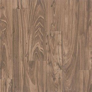 Wood-look laminate flooring with brown wood grain planks arranged in staggered sections
