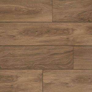 Wood-look brown plank flooring with visible grain and staggered seams