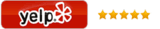 Yelp logo with five gold stars on a red background