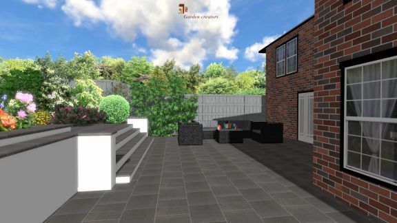 A computer generated image of a brick house with a patio.