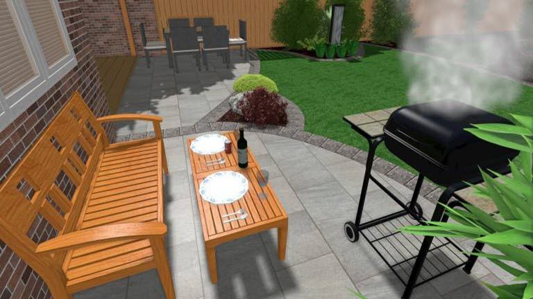A 3d rendering of a backyard with a bbq , table , bench and chairs.