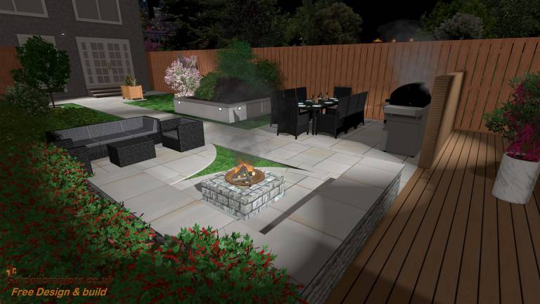 A computer generated image of a backyard at night with a fire pit and patio furniture.