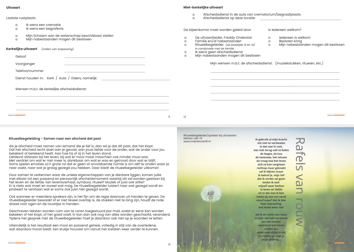 Een spread uit een document van vier pagina's, met tekstformulieren en een titelpagina met de titel 