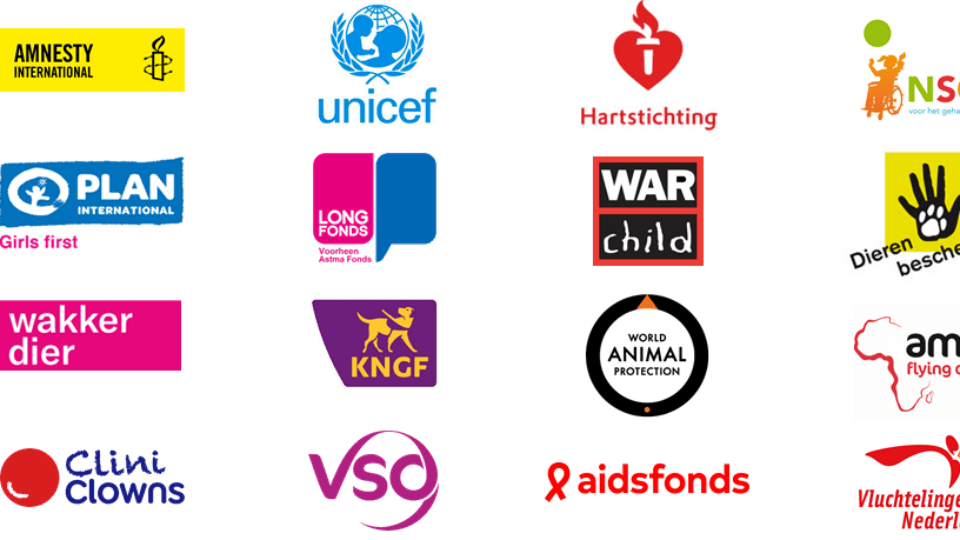 Een raster van zestien verschillende logo's van liefdadigheidsorganisaties, met namen als UNICEF, Amnesty International en War Child.