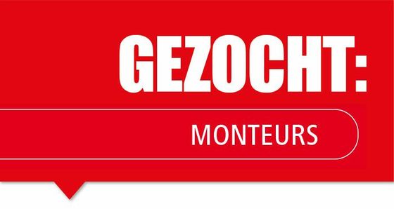 Een rood bord met de tekst 'gezocht: monteurs' erop