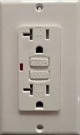 White GFCI electrical outlet with reset/test buttons and a red indicator light.