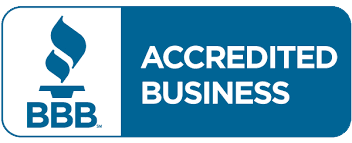 BBB Accredited Business logo featuring a blue flame on white, with