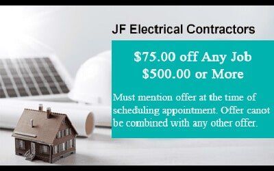 Advertisement for JF Electrical Contractors, offering $75 off any job $500 or more.
