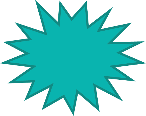 Teal burst shape with jagged edges on white background.