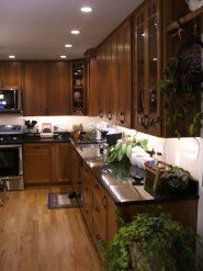 Wooden kitchen with dark countertops, plants, and overhead lighting.