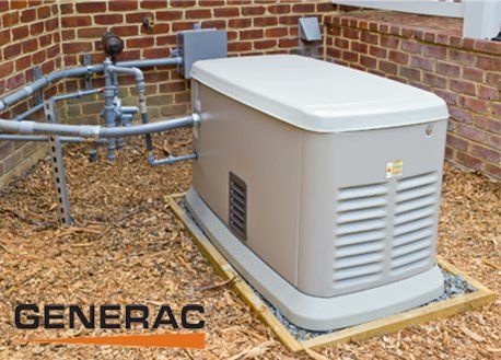 Residential Generator — Home Generator in Fredericksburg, VA A Generac home generator, gray and beige, sits outside a brick building.