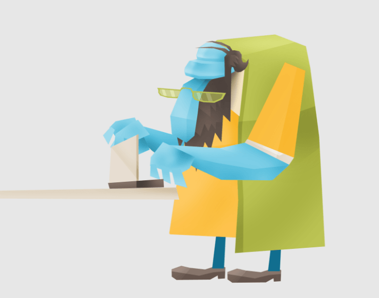 An illustrated character looking in a box