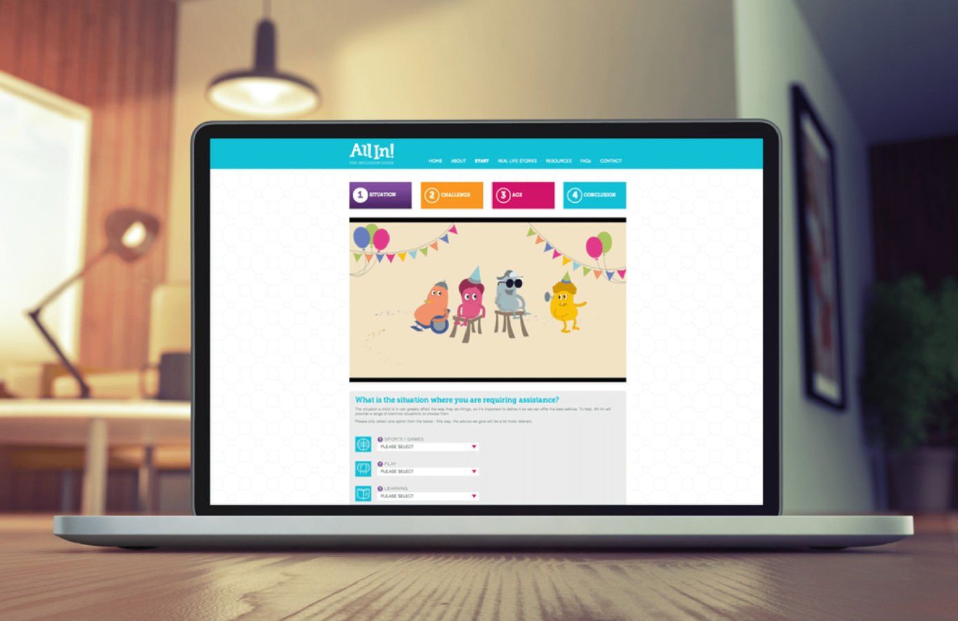A laptop showing the All In! website