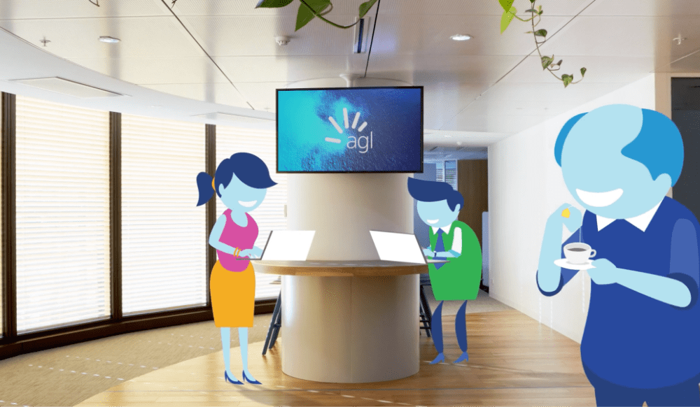 AGL illustrated characters in a hallway