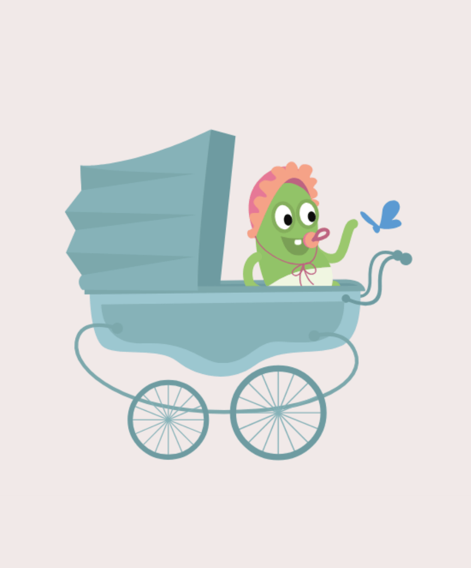 An illustrated baby character in a pram