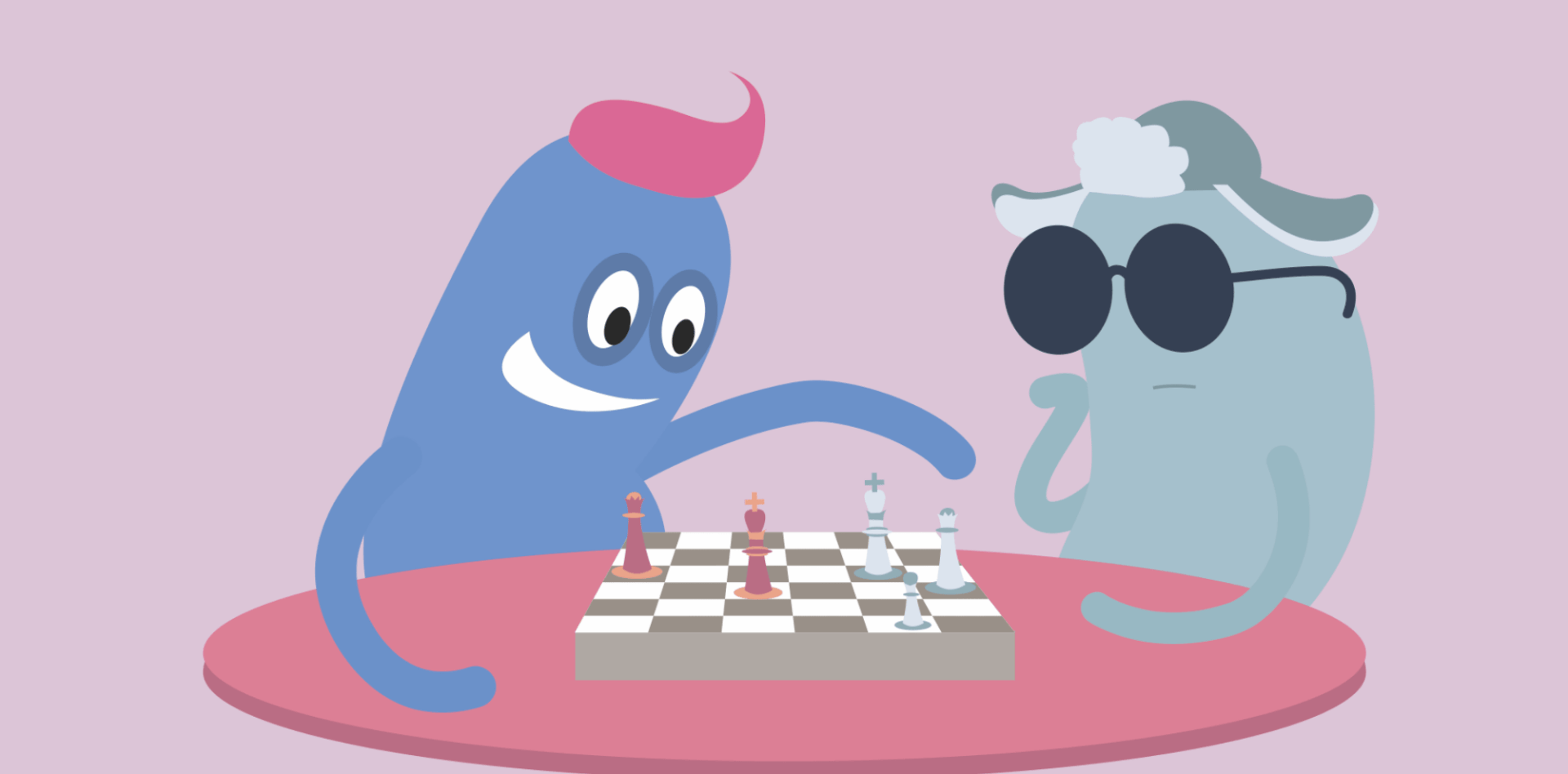 Two illustrated characters playing chess