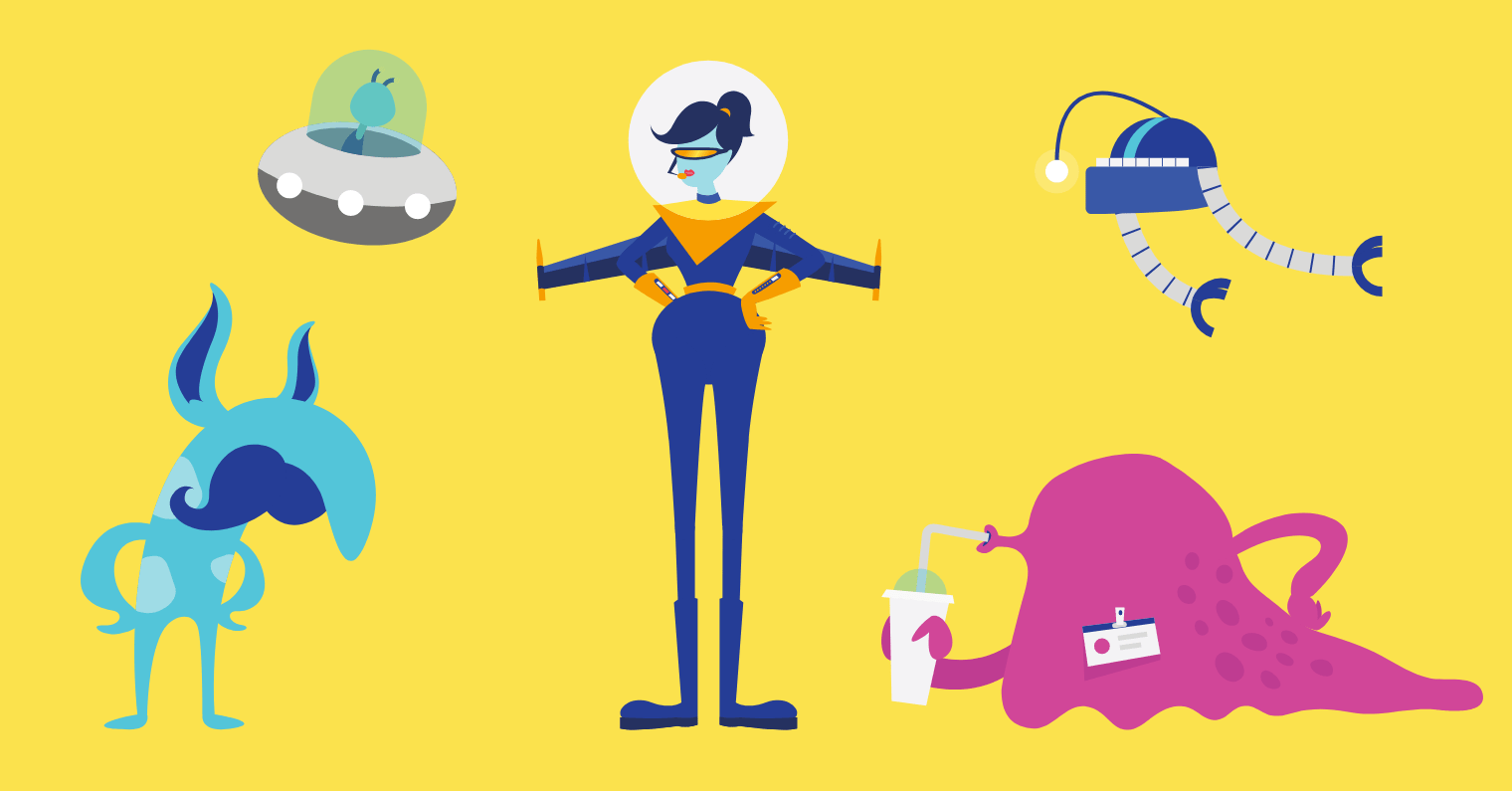 Multiple space themed illustrated characters
