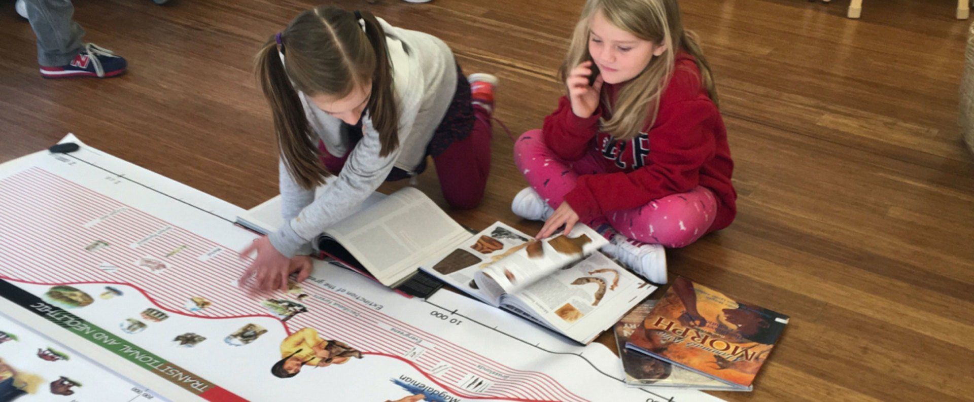 Two elementary aged children with books and timeline of human history