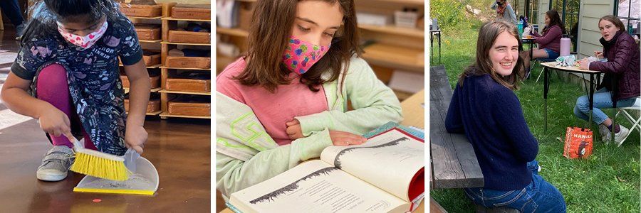 three images side by side: preschool child sweeping with dustpan and brush; elementary aged child reading a book; adolescent student sitting outside with lunch