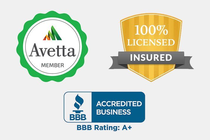 A badge that says 100 % licensed insured and accredited business