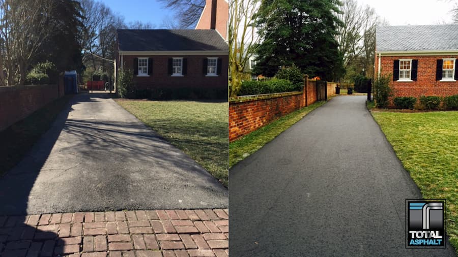 Before and after comparison of a residential driveway: a faded, worn surface transformed into a smooth, dark asphalt.