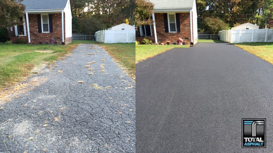 Split-screen showing a home's driveway before paving (gravel) and after paving (smooth black asphalt).