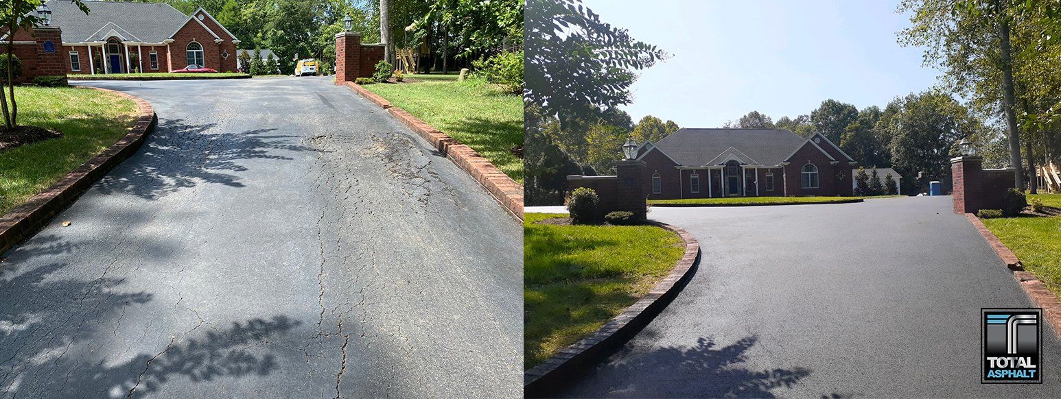 A split-screen view showing a residential asphalt driveway before and after it was paved, leading to a brick house.