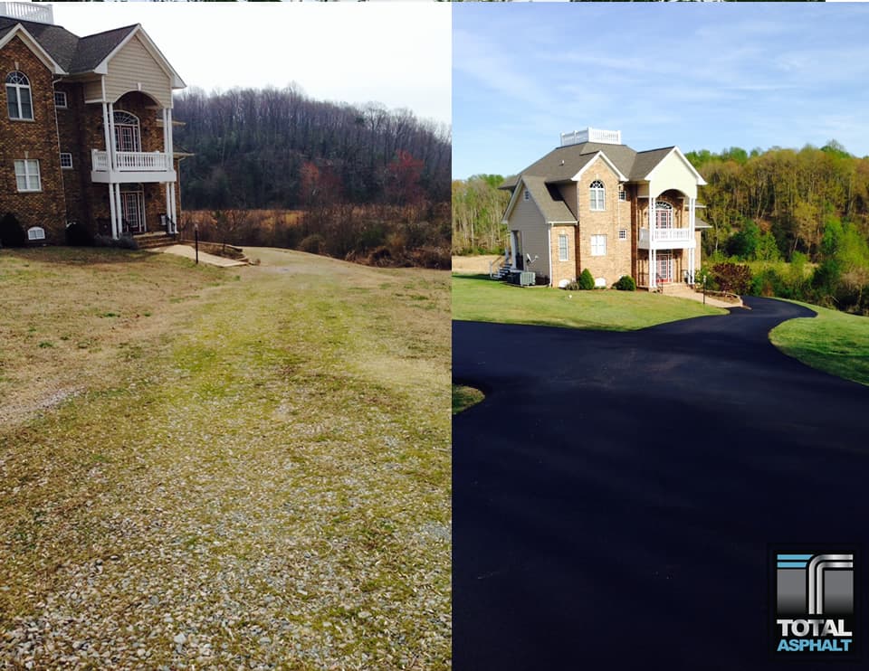 Before-and-after comparison showing a dirt driveway transformed into a smooth, black asphalt driveway at a large house.