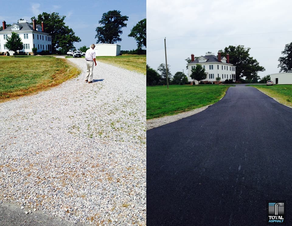 A split-screen view showing a house driveway before being paved with gravel and after being paved with smooth black asphalt.