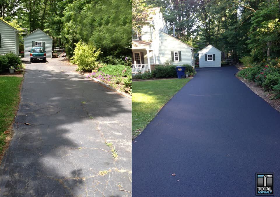 A split-screen view showing a faded asphalt driveway before and after a fresh, dark sealcoating treatment.