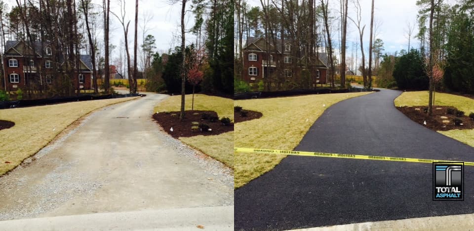 A before-and-after comparison showing a gravel driveway replaced by a smooth, dark asphalt driveway leading to a house.