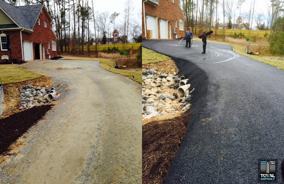 Before-and-after view of a gravel driveway being resurfaced with fresh black asphalt in front of a brick house.