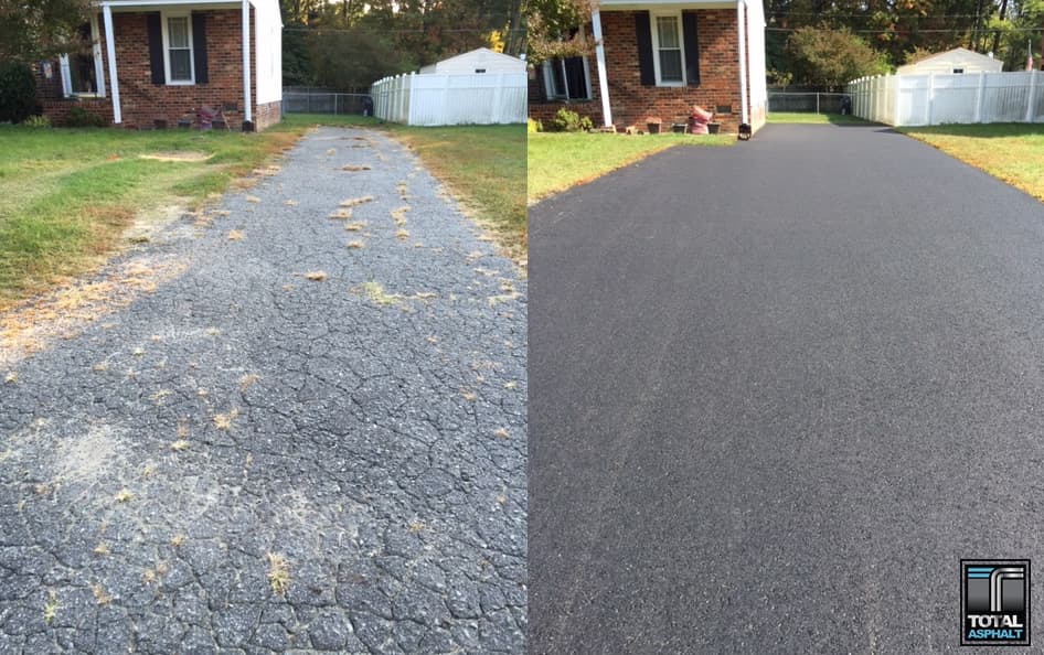 A split-screen view showing a faded, weathered driveway on the left and a freshly paved, smooth dark asphalt one on the right.