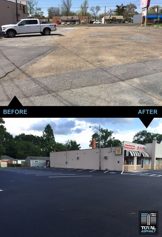 A before and after photo of a parking lot