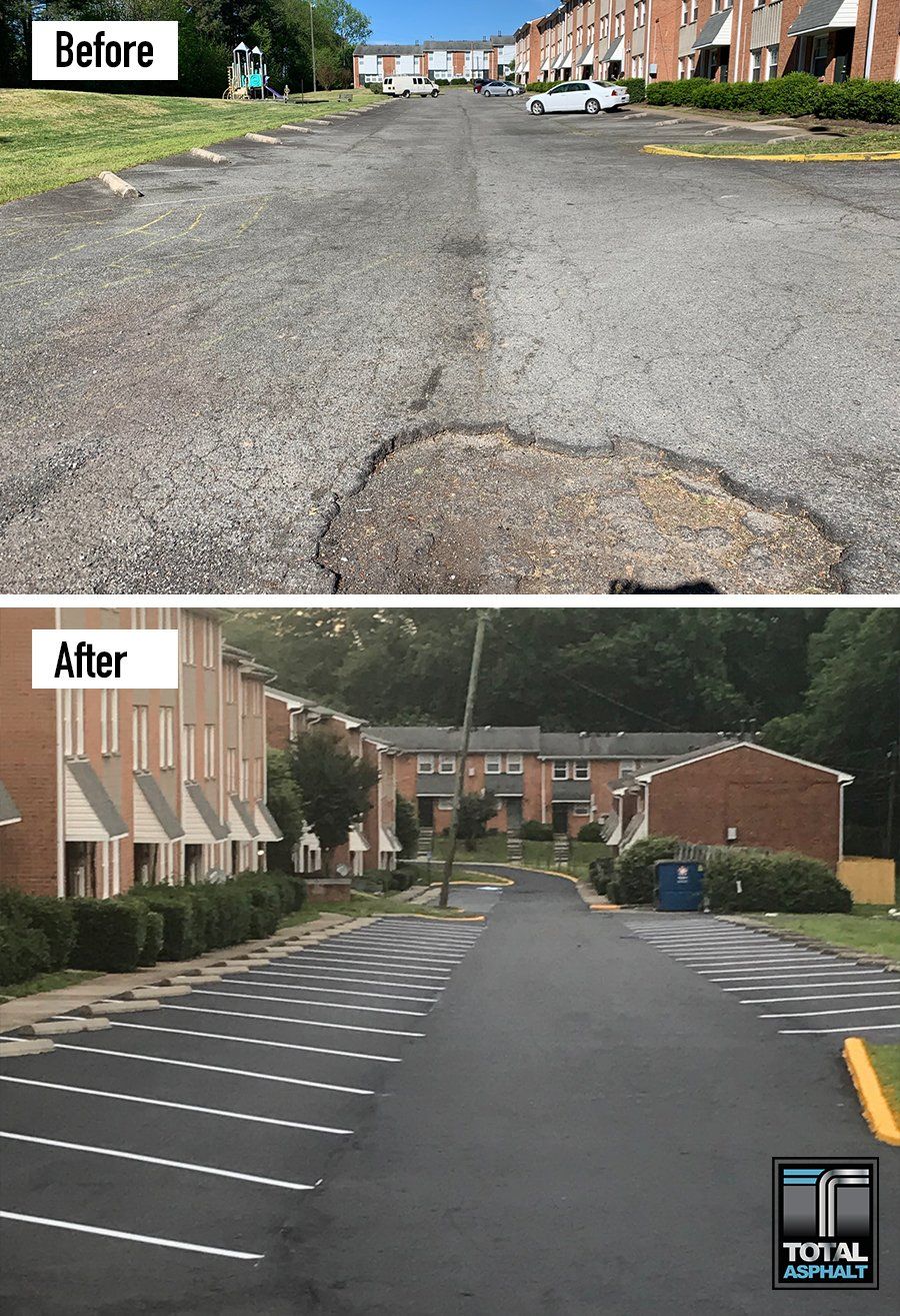 A before and after photo of a road with a pothole and a parking lot.