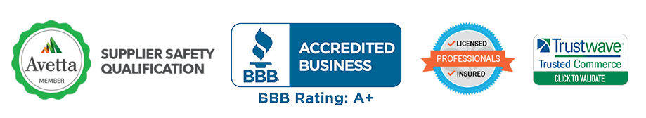 Four certification badges: Avetta Supplier Safety, BBB Accredited Business A+ rating, Pro-Qualified, and Trustwave Trusted.