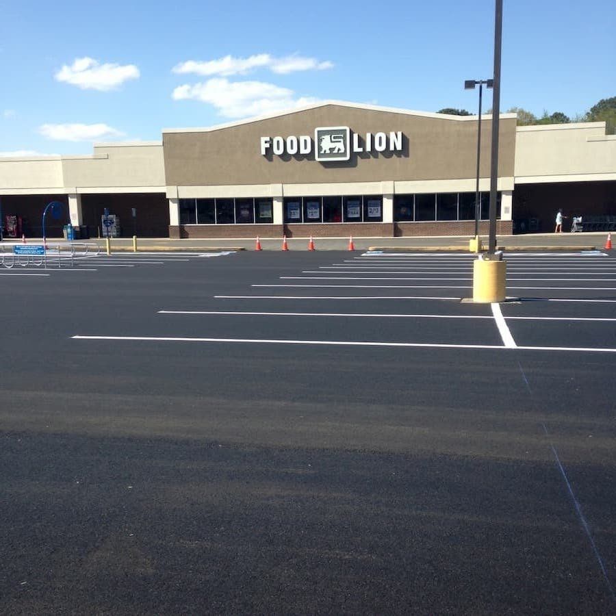 A Food Lion grocery store building with a large parking lot in the foreground under a clear, sunny sky.