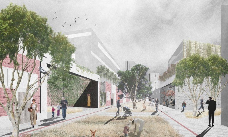 An artist 's impression of a city street with trees and people.